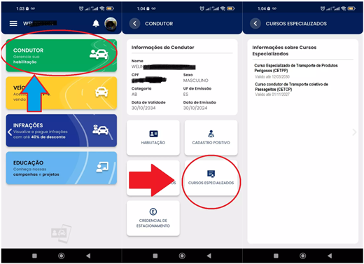 Aplicativo da Carteira Digital de Trânsito mostrando a aba Cursos Especializados com os cursos registrados