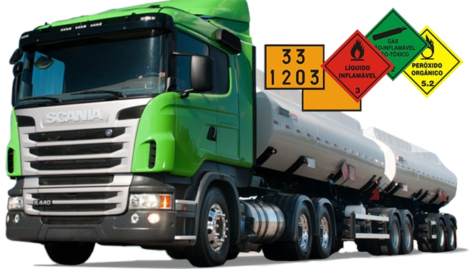 Caminhão-tanque com painéis de segurança e rótulos de risco de produtos perigosos